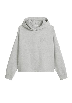 Gray cropped hoodie made of soft fabric, featuring a large hood, long sleeves, and a subtle logo on the front. Simple, clean design.