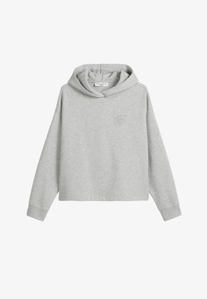 Felpa grigia a maniche lunghe con cappuccio, realizzata in tessuto morbido, presenta un ampio cappuccio e un logo discreto sul davanti. Design semplice e pulito.