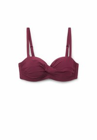 Soutien-gorge mauve en tissu lisse avec un détail avant torsadé, des bretelles ajustables et un soutien-gorge avec armatures pour un ajustement amélioré.