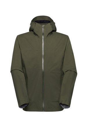 Giacca impermeabile da uomo color verde oliva con cerniera frontale e cappuccio incorporato, progettata per l'uso all'aperto.