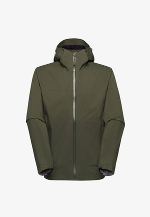 Giacca impermeabile da uomo color verde oliva con cerniera frontale e cappuccio incorporato, progettata per l'uso all'aperto.