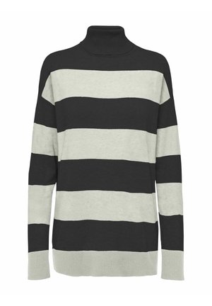 Pull à col roulé rayé noir et gris clair avec des manches longues et des poignets côtelés, ayant une coupe décontractée et une texture douce.