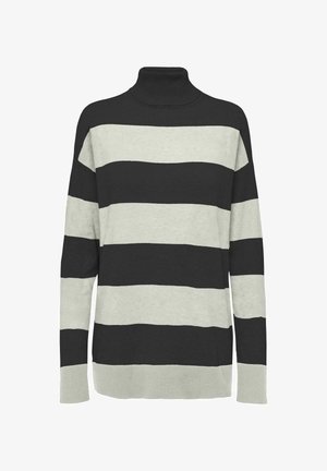 Pull à col roulé rayé noir et gris clair avec des manches longues et des poignets côtelés, ayant une coupe décontractée et une texture douce.