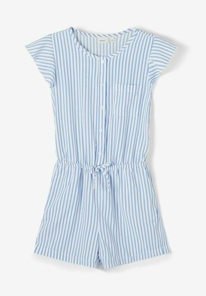 Blue and white vertical striped short-sleeve romper with buttons down front, chest pocket, elastic waist, and tie belt.