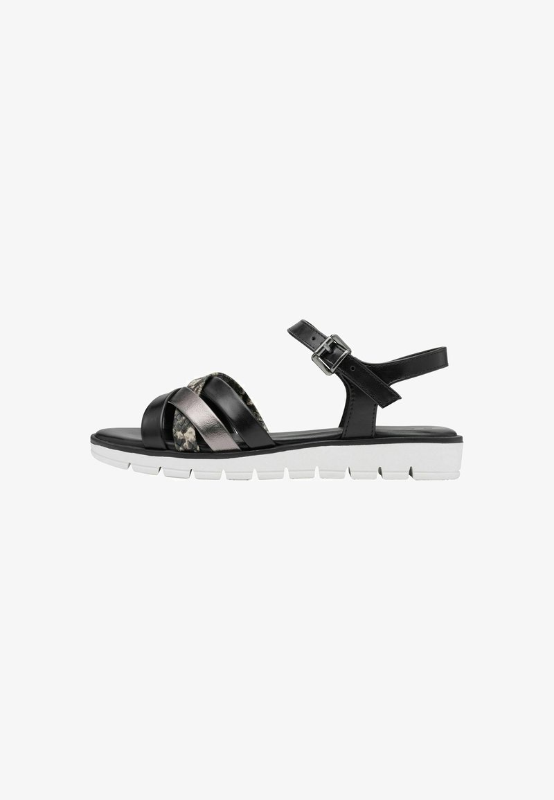 Black leather sandals with metallic accents, adjustable ankle strap, and white rubber sole. Features cross straps for a secure fit.