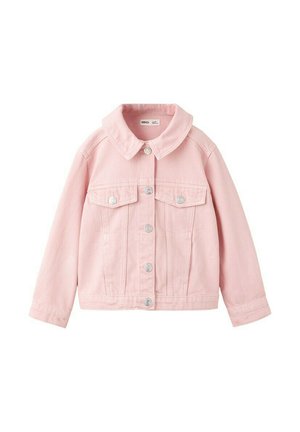 Veste en denim rose clair avec fermeture à boutons, deux poches poitrine à rabats boutonnés, manches longues et col classique.