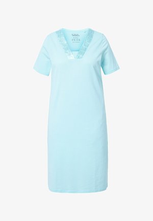 Abito di cotone azzurro chiaro con maniche corte, scollatura a V e rifinitura decorativa lucida lungo il colletto. Tessuto morbido, design fino al ginocchio.