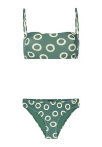 Zeleni bikini set s bandeau topom i donjim dijelom s niskim strukom, ukrašen kružnim bijelim uzorkom, izrađen od glatke, rastezljive tkanine.