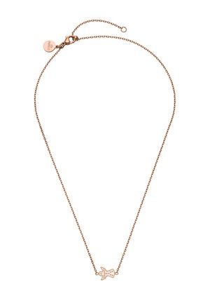 Rosegold-Kettenhalskette mit kleinem Dinosaurier-Anhänger und verstellbarem Verschluss, Anhänger mit gepunkteten Details auf weißem Hintergrund.
