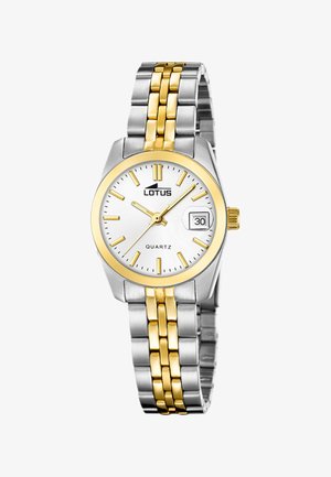 Montre-bracelet Lotus en quartz argent et or avec cadran blanc, index dorés, trois aiguilles et guichet date affichant le 30.