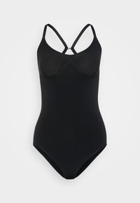 Μαύρο ολόσωμο μαγιό με ρυθμιζόμενους διασταυρούμενους ιμάντες, λείο υλικό και χαμηλή πλάτη. Χωρίς σχέδια ή διακοσμητικά.