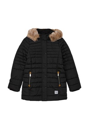 Veste d'hiver noire matelassée avec col en fausse fourrure marron, boutons-pression à l'avant, poches zippées et petite étiquette blanche près de l'ourlet.