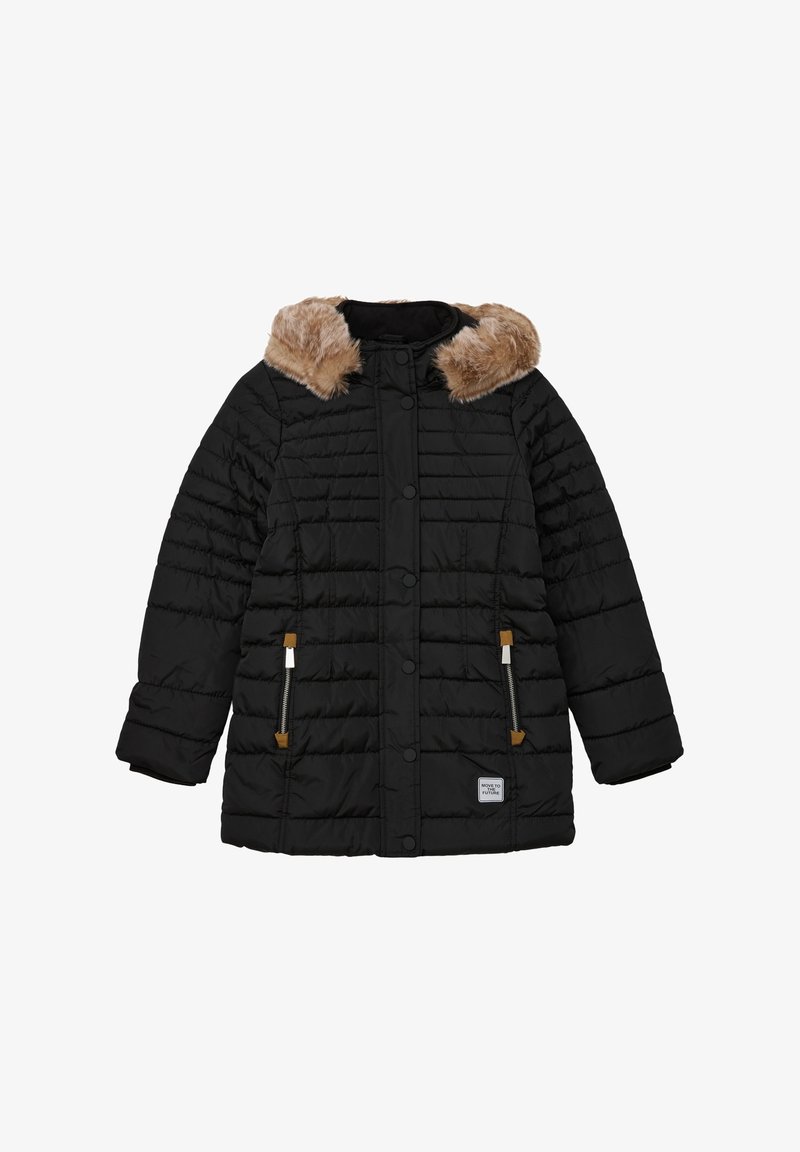 Veste d'hiver noire matelassée avec col en fausse fourrure marron, boutons-pression à l'avant, poches zippées et petite étiquette blanche près de l'ourlet.
