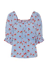 Blusa a quadretti blu e bianchi con stampa floreale rossa, collo quadrato, maniche a palchetto e bordi arricciati. Tessuto leggero con vestibilità rilassata.