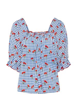 Blauw-witte geruite blouse met rode bloemenprint, vierkante hals, puffmouwen en geraffineerde randen. Lichtgewicht stof met een ontspannen pasvorm.