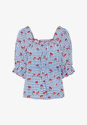 Μπλε και λευκή καρό μπλούζα με κόκκινο λουλουδάτο σχέδιο, τετράγωνη λαιμόκοψη, πνευμόνια μανίκια και ριγέ άκρες. Ελαφρύ ύφασμα με χαλαρή εφαρμογή.