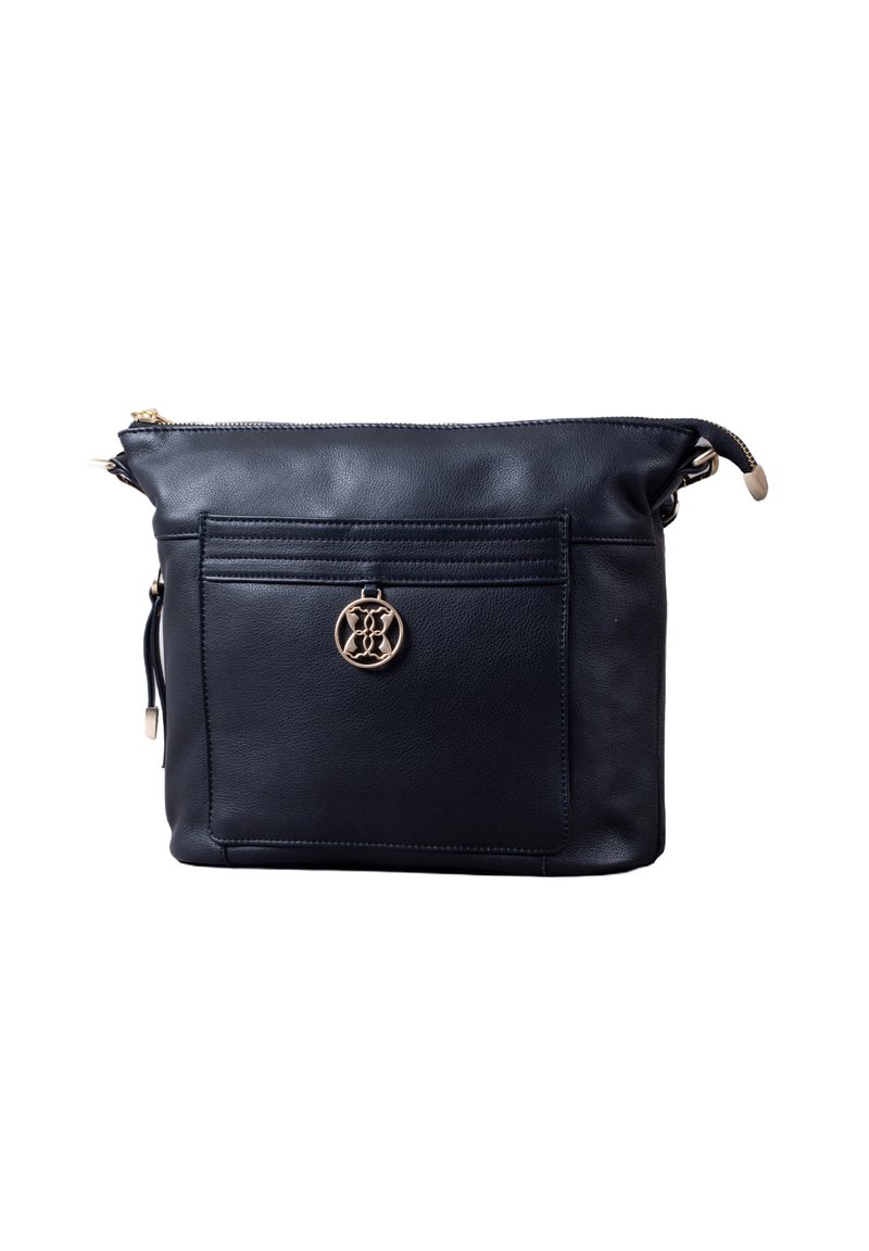 Black leather crossbody bag with a zip closure, flat front pocket, and decorative gold emblem. Soft texture and rectangular shape.