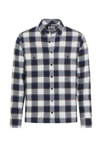 Camicia a maniche lunghe a quadri nei toni blu navy, bianco e marrone. Realizzata in cotone con chiusura a bottoni e due tasche sul petto. Tessuto morbido.