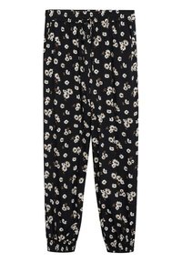 Pantalon noir coupe décontractée avec motif floral marguerite blanche, taille élastique avec cordon de serrage et poignets élastiques aux chevilles.