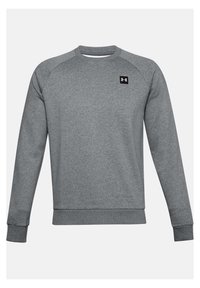 Grau Sweatshirt aus einem weichen Stoff, mit Rundhalsausschnitt, langen Ärmeln und einem kleinen schwarzen Logo auf der Brust.