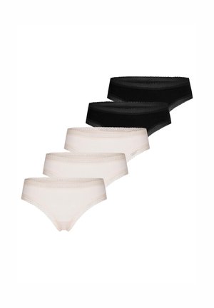 Vijf dames hipster slips met kantdetails in zwart en beige, gerangschikt in een verspringende rij op een witte achtergrond.