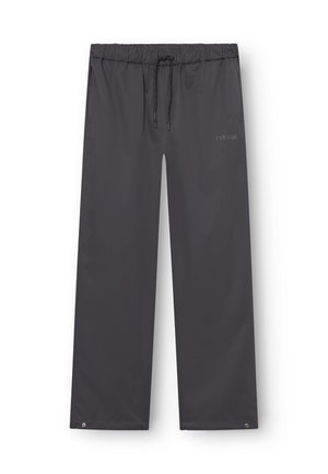 Pantalones ligeros en gris oscuro, resistentes al agua, con una cintura elástica y cordón ajustable. Presentan un diseño sencillo y sin bolsillos.