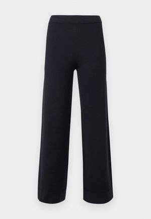 Pantalon noir à jambes larges avec une taille haute et des ourlets retroussés, présenté sur un fond clair uni.