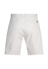 Light gray shorts made of cotton, featuring a straight-cut design, two back pockets, and a small branded tag on the right pocket.