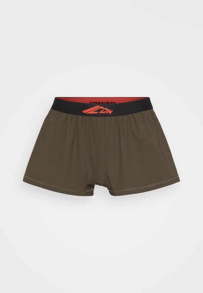 Men's athletic shorts in olive green fabric. Features a black waistband with red lettering. Smooth texture, above-the-knee cut, elastic fit.