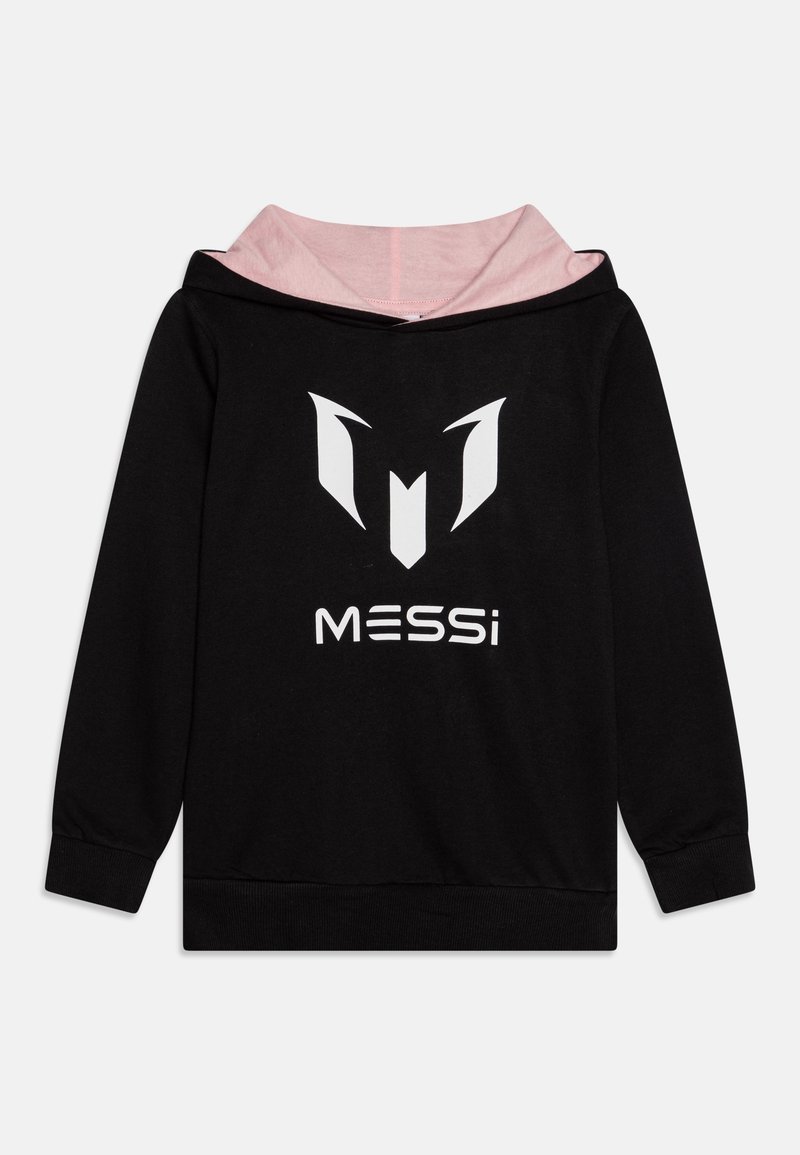 Hoodie noir avec une doublure intérieure rose, présentant un logo blanc et le mot "MESSI" en lettres majuscules. Tissu doux, manches longues.