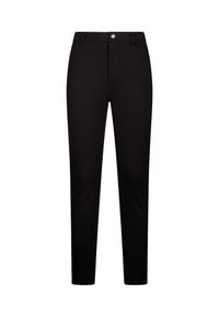 Pantalons noirs ajustés à jambe droite, fabriqués à partir d'un tissu lisse. Comprend une fermeture éclair à l'avant, des passants de ceinture et une fermeture à un bouton.