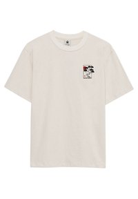 Crème kleurige katoenen t-shirt met een kleine grafische print van een gestileerde boomontwerp en rode accenten. Regular fit en korte mouwen.