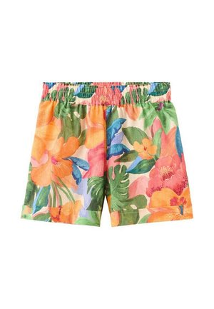 Shorts à taille élastique avec imprimé floral tropical lumineux en orange, vert, rose, bleu et jaune sur fond clair.