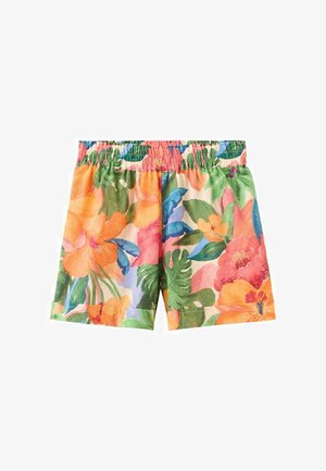 Shorts à taille élastique avec imprimé floral tropical lumineux en orange, vert, rose, bleu et jaune sur fond clair.