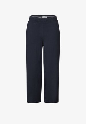 Marineblaue, kürzere Hose mit einem elastischen Bund, die eine glatte Textur und ein einfaches, schlankes Design aufweist. Keine zusätzlichen Details.