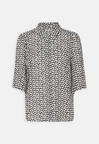 Camicia button-up bianca e nera con un piccolo motivo astratto, maniche corte e colletto classico, realizzata in un tessuto leggero e trasparente.
