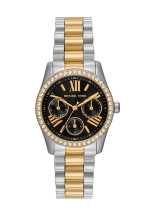 Michael Kors Uhr mit schwarzem Zifferblatt, goldenen römischen Ziffern, drei Hilfszifferblättern, Kristalllünette, zweifarbigem Armband aus Silber und Gold.