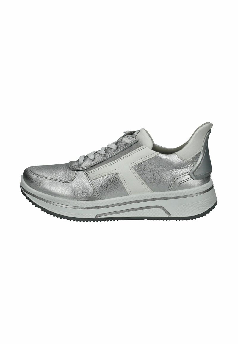 Silver metallic sneakers with a smooth texture, white accents, lace closure, and a thick rubber sole designed for comfort and support.