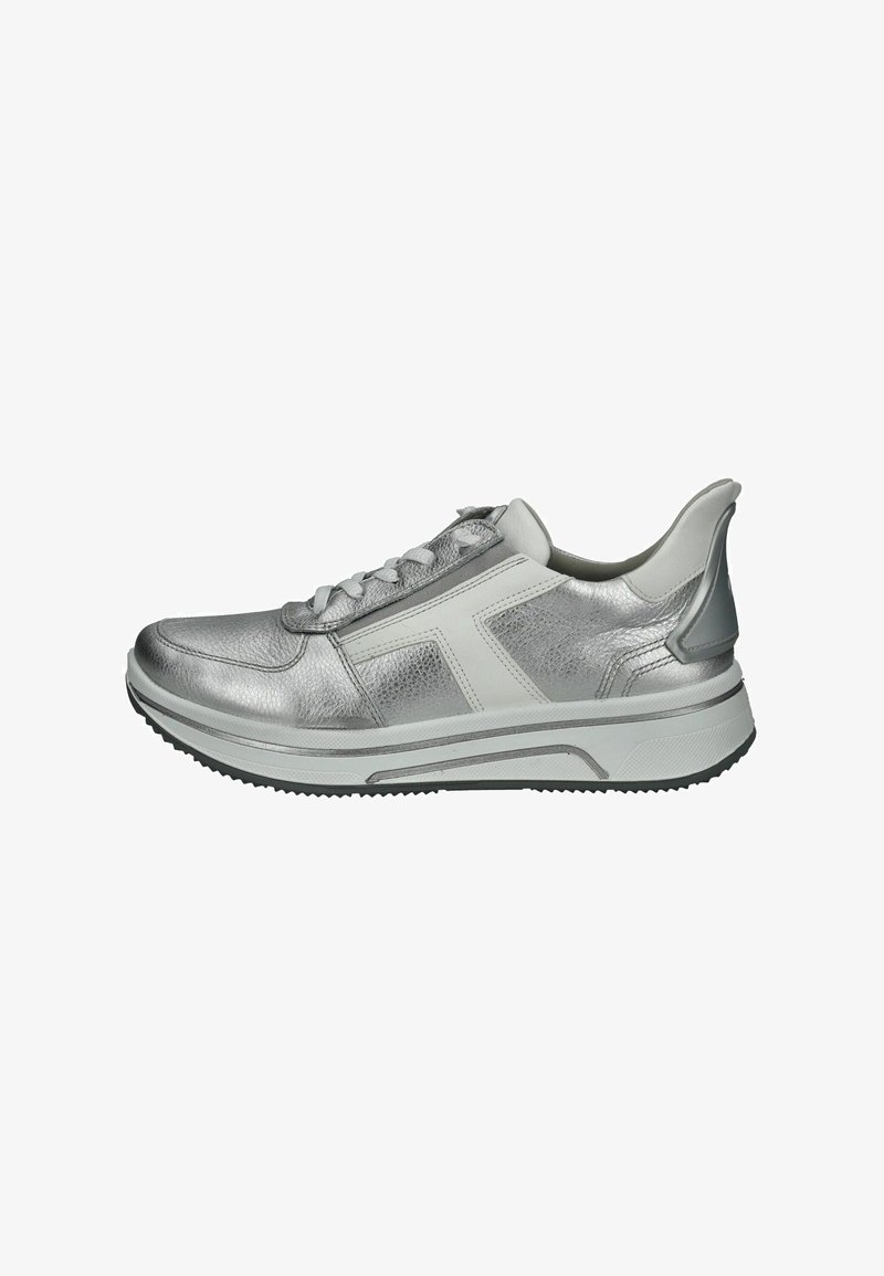 Silver metallic sneakers with a smooth texture, white accents, lace closure, and a thick rubber sole designed for comfort and support.