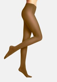 Collant trasparenti marroni con una texture liscia e una vita alta, mostrati su una gamba in posizione eretta, evidenziando il design aderente.