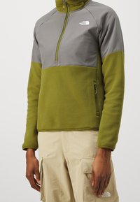 Pullover in fleece verde oliva e grigio con zip a un quarto, tasca laterale con zip e logo The North Face sul petto. Tessuto liscio.