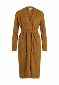 Cardigan tricoté couleur miel avec un motif texturé, ouverture sur le devant et ceinture à nouer. Manches longues avec des poignets et un ourlet côtelés.