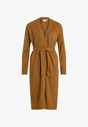 Hnědo-medově zbarvený pletený cardigan s texturovaným vzorem, otevřeným předním dílem a samostatně vázatelným páskem. Dlouhé rukávy s žebrovanými manžetami a spodním okrajem.