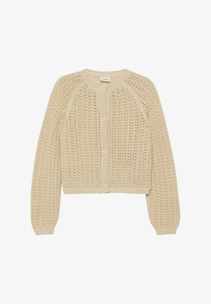 Beżowy dzianinowy kardigan z długimi rękawami, zapinany na guziki, z prążkowanymi krawędziami i delikatnym ażurkowym wzorem na całej powierzchni.