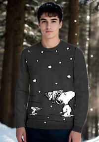 Gray knitted sweater featuring a winter scene with black and white characters, textured fabric, and a round neckline.
