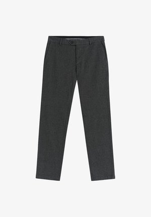 Graue maßgeschneiderte Hose aus strukturiertem Stoff, mit Seitentaschen und Knopfverschluss, im geraden Bein Design.