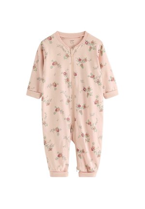 Combinaison rose pour bébé à manches longues, imprimé floral, fermeture éclair devant et poignets repliés.