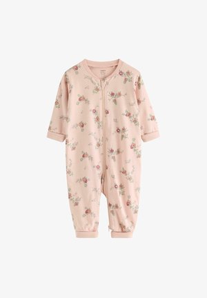 Combinaison rose pour bébé à manches longues, imprimé floral, fermeture éclair devant et poignets repliés.