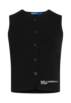 Chaleco de punto negro con escote redondeado, cierre de seis botones y "KARL LAGERFELD JEANS" bordado en blanco en la parte inferior izquierda.