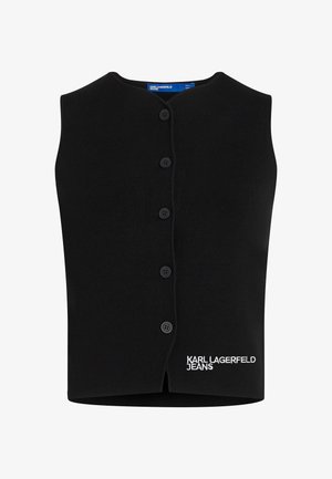 Gilet en tricot noir avec un col rond, six boutons de fermeture, et "KARL LAGERFELD JEANS" brodé en blanc en bas à gauche.